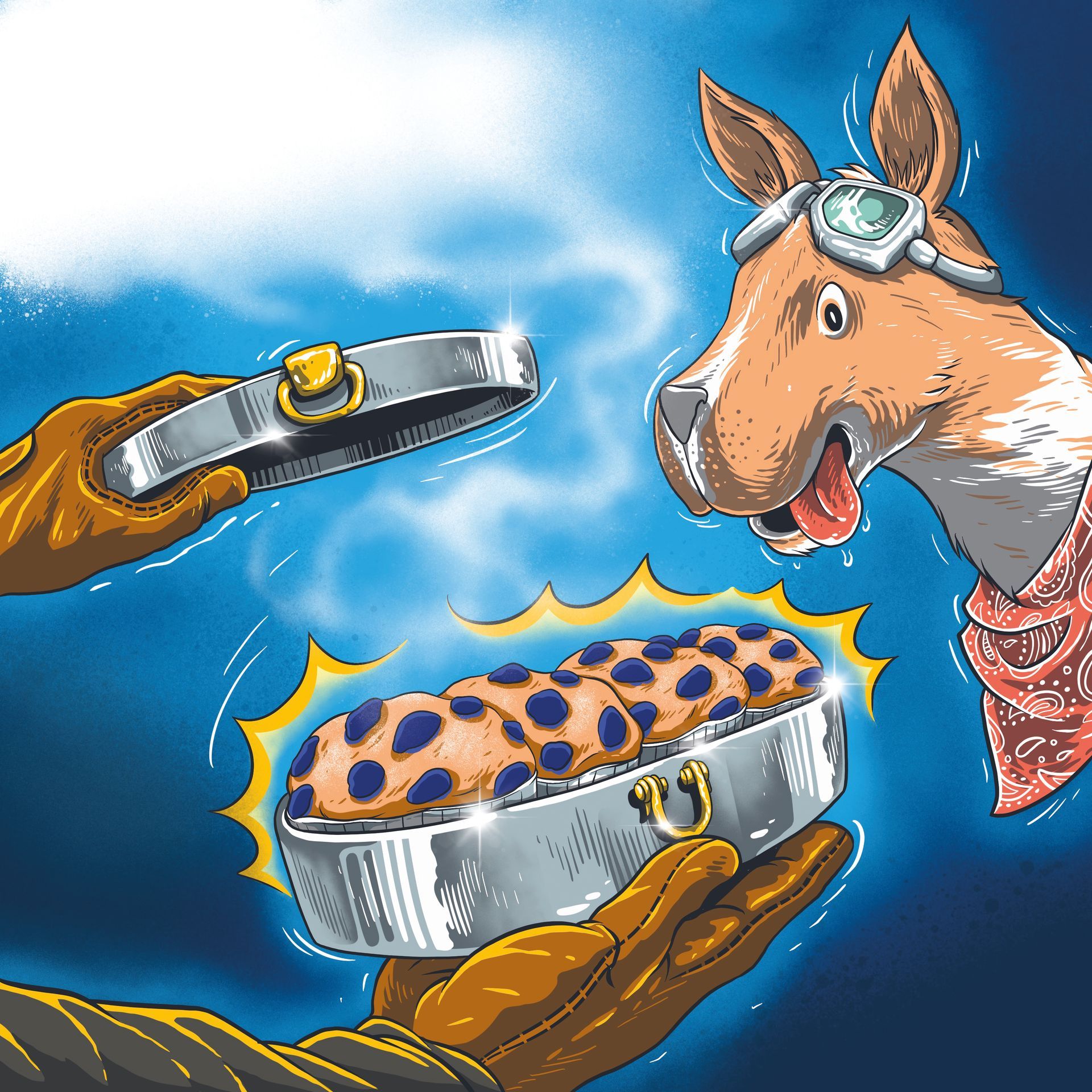 Cartoon hands present a leopard-print dog tag to a smiling horse in aviator goggles, blue sky background