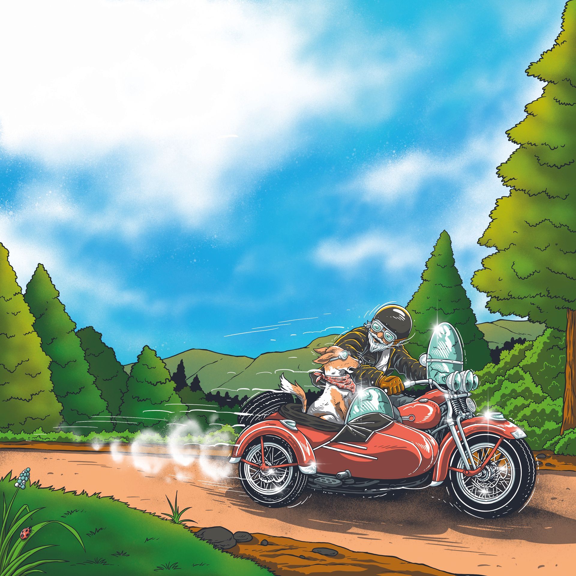 Three riders on a red motorcycle driving along a dirt road under a bright blue sky
