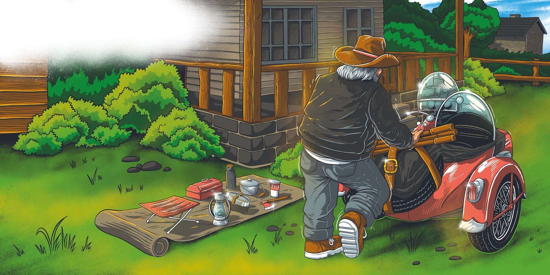 Person adjusting a red lawn mower beside a wooden house and garden tools