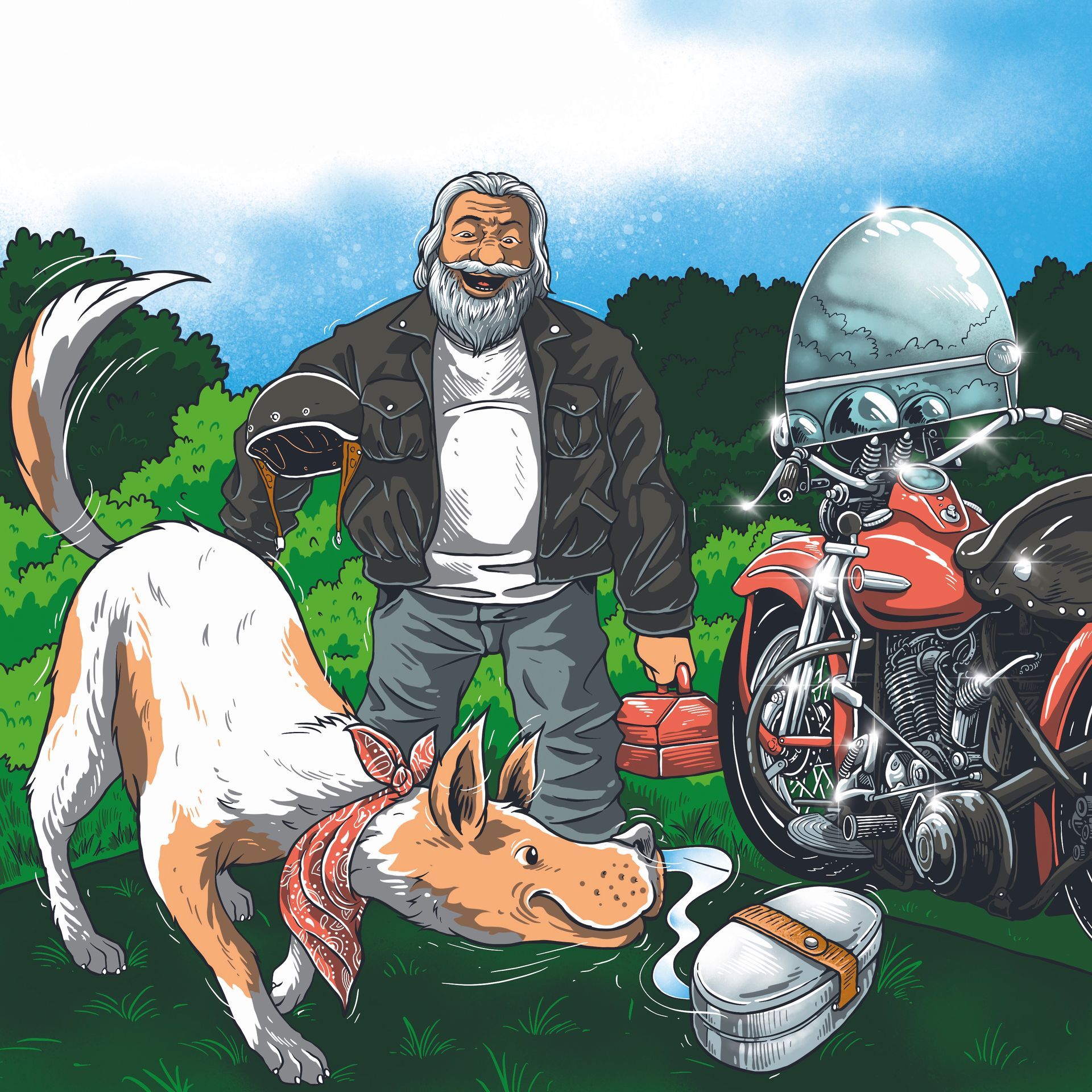 Man standing with two dogs beside a red motorcycle in a grassy outdoor scene.