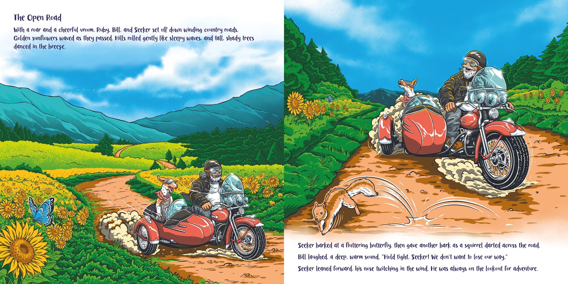 Motorcyclists ride on a dirt path through bright flower fields and green mountains under a blue sky.
