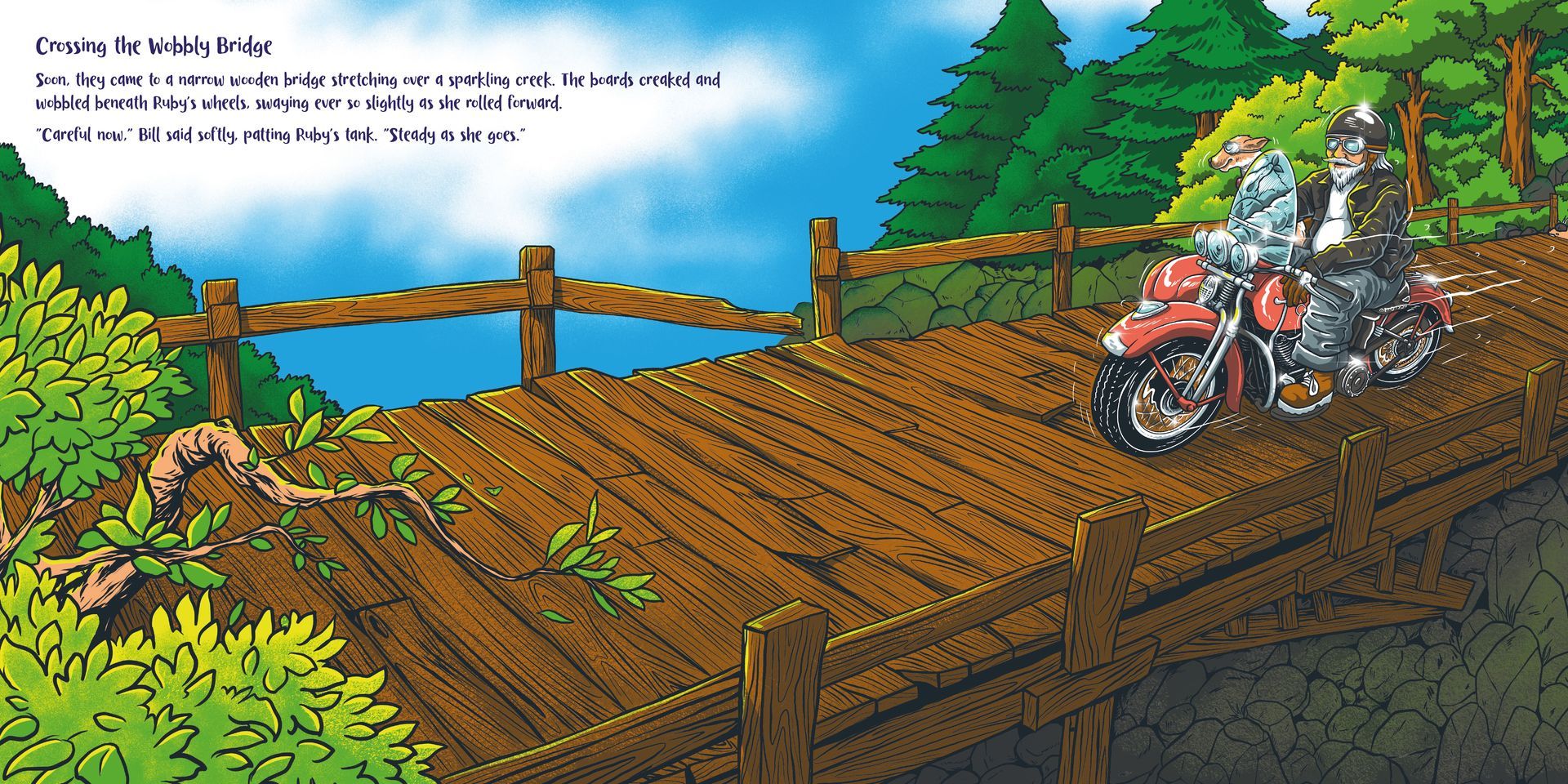 Motorcyclist on a wooden bridge beside a lush green forest under a blue sky