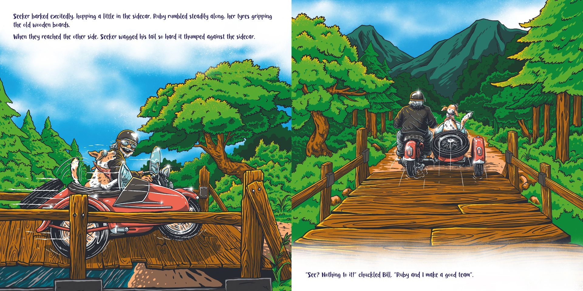 Two people riding on wooden carts across a bridge in a lush green forest with mountains beyond
