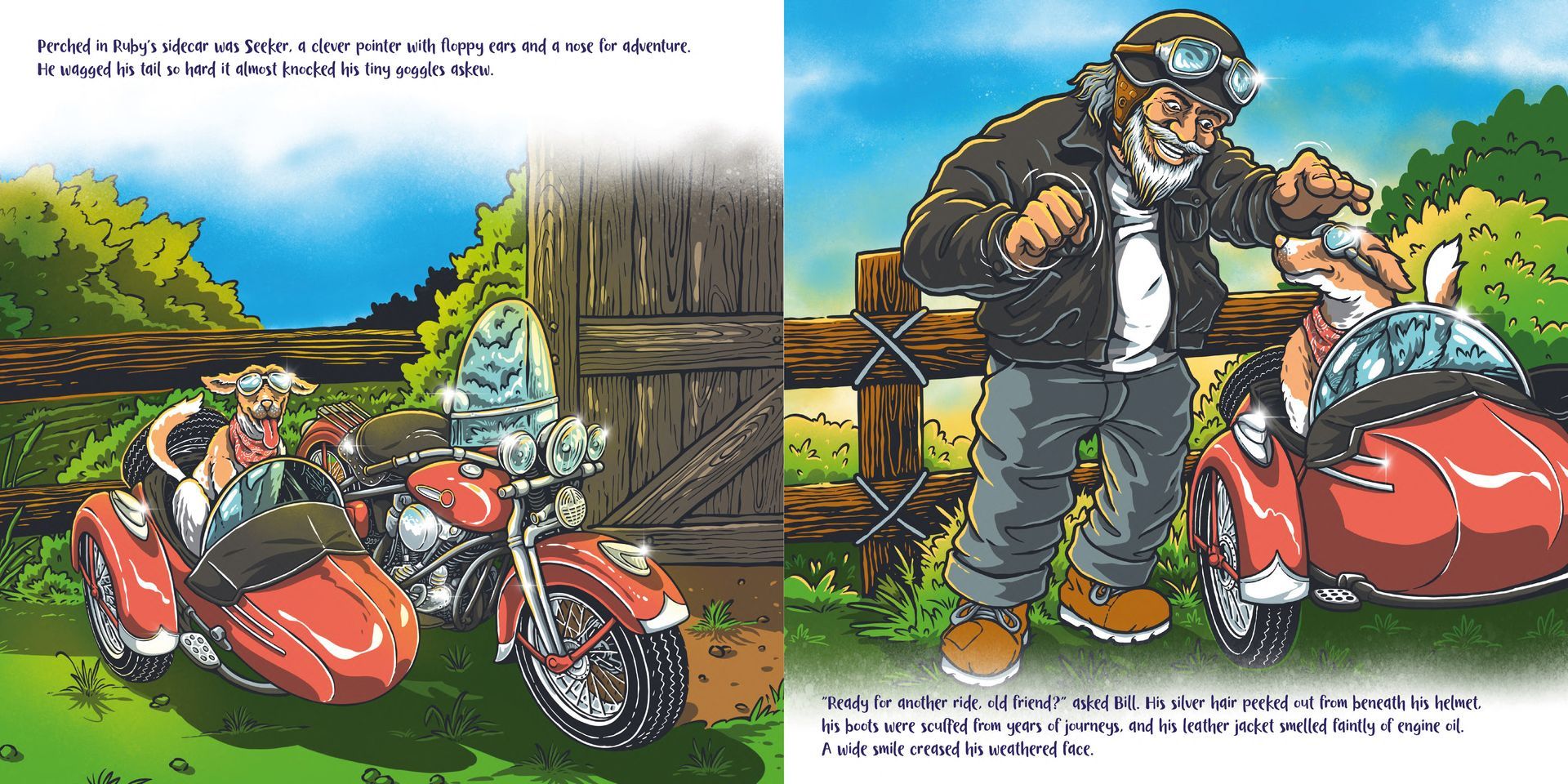 Two motorcyclists beside red bikes on a rural road, one standing by a wooden fence and one riding through a gate.