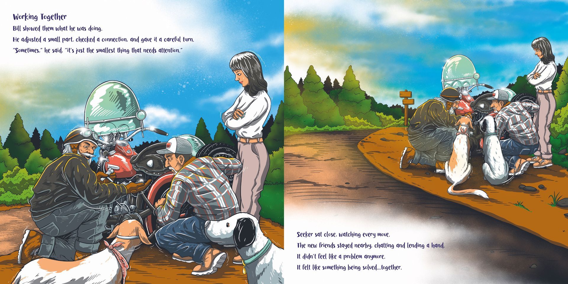 Anime-style group in a rural field with a small robot, vintage vehicles, and people gathered near a dirt road