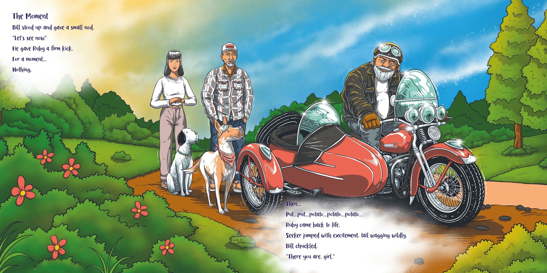 Three motorcyclists with red and white bikes on a dirt road in a green countryside scene