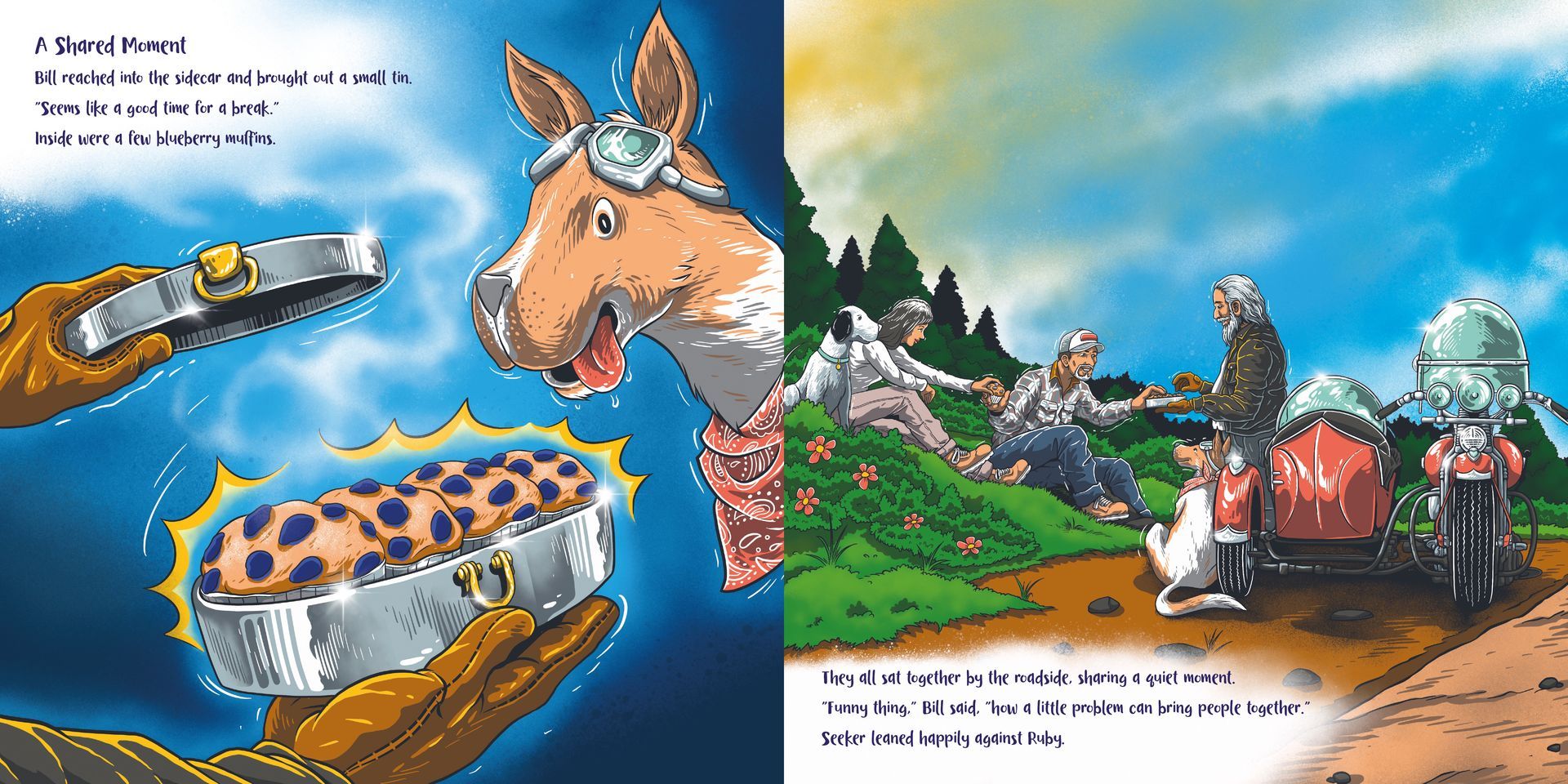 Illustration of a fox in a colorful fantasy landscape with floating objects, buildings, and a bright sky