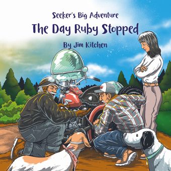 Book cover showing hikers around a campfire with a green tent and mountain trees; title: The Day Ruby Stopped