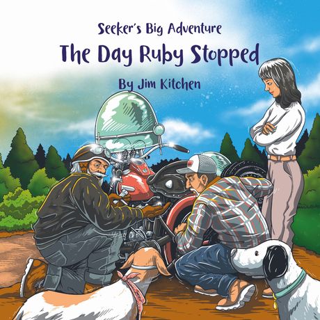 Book cover showing hikers around a campfire with a green tent and mountain trees; title: The Day Ruby Stopped