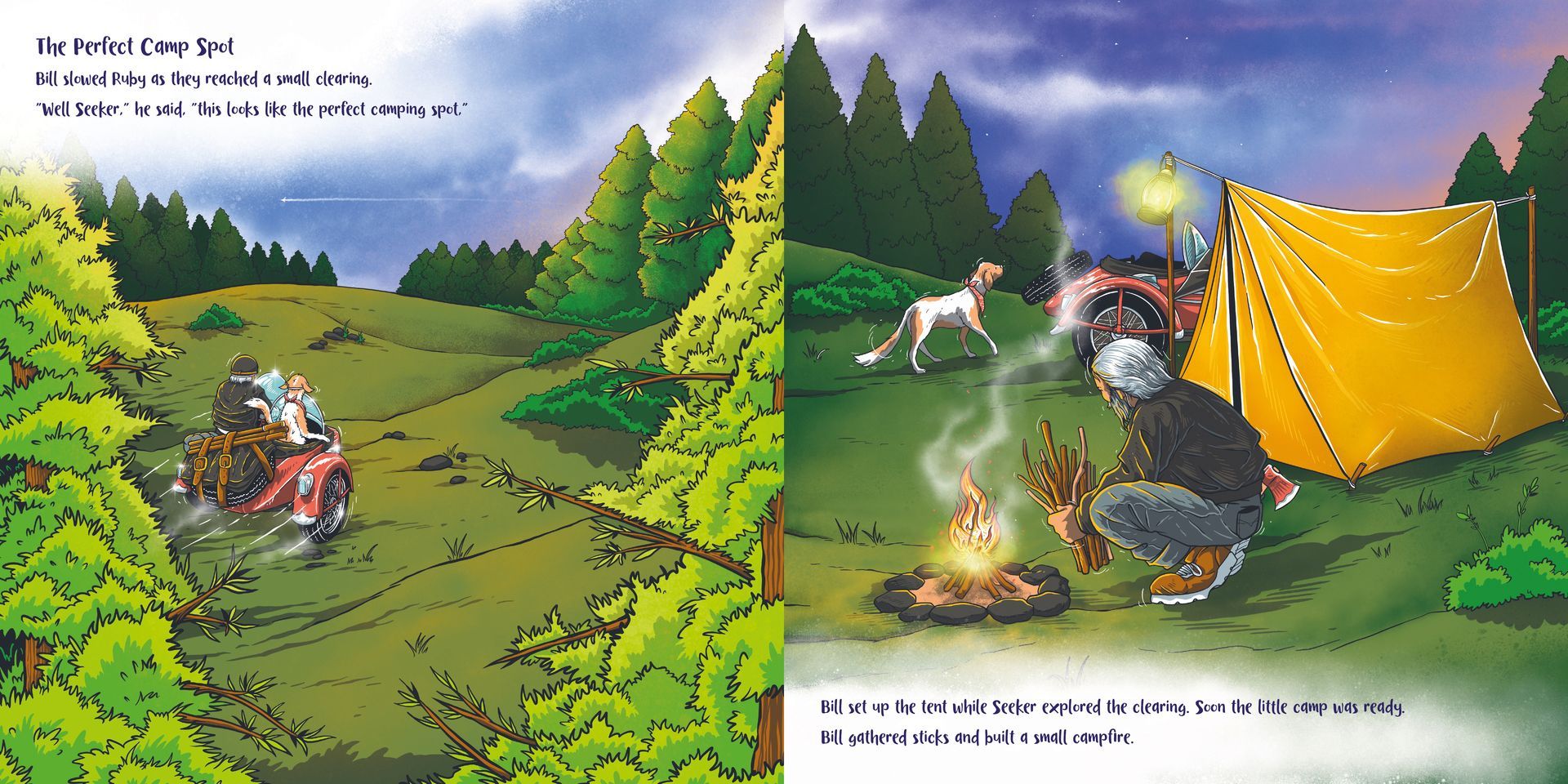 Two campers by a yellow tent, one tending a campfire while a white horse grazes nearby.