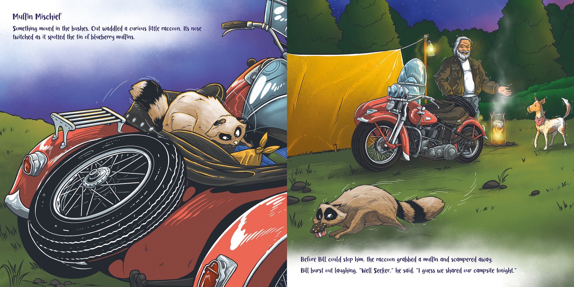 Camping collage with a red motorcycle, tent, dog, and people relaxing on grass at sunset