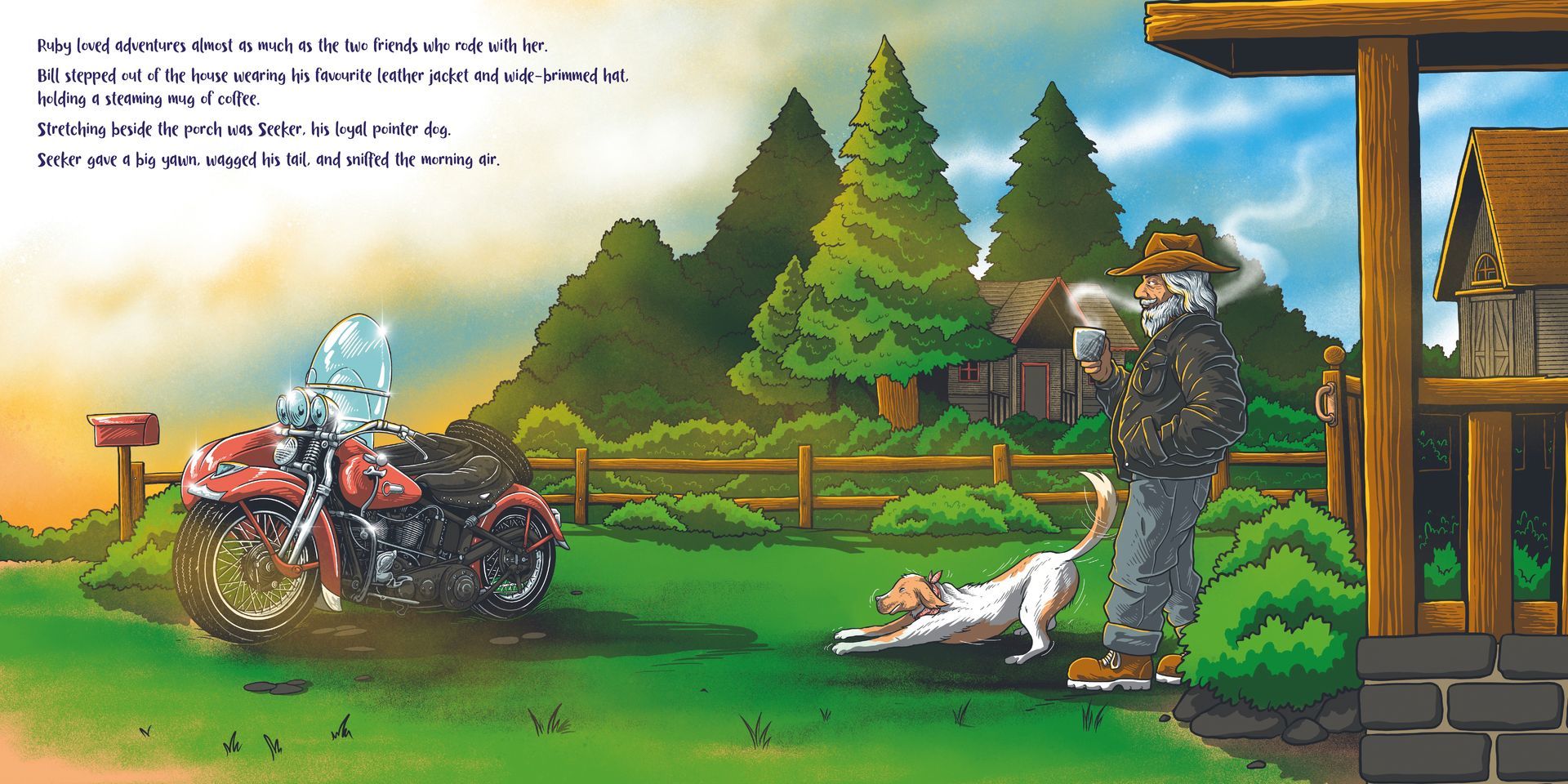 Crouching armed figure on a rural road points at a fallen person beside a motorcycle and horse.
