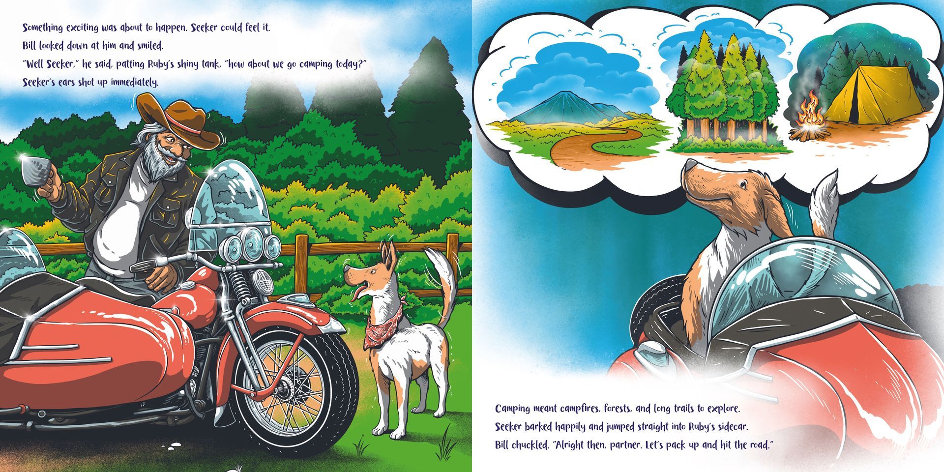 Motorcyclist with dog beside red bike in a forest, with a thought bubble showing camping scenes.