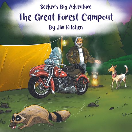 Camping scene with a red motorcycle, yellow tent, lantern, dog, and raccoon by a campfire under a forest sky