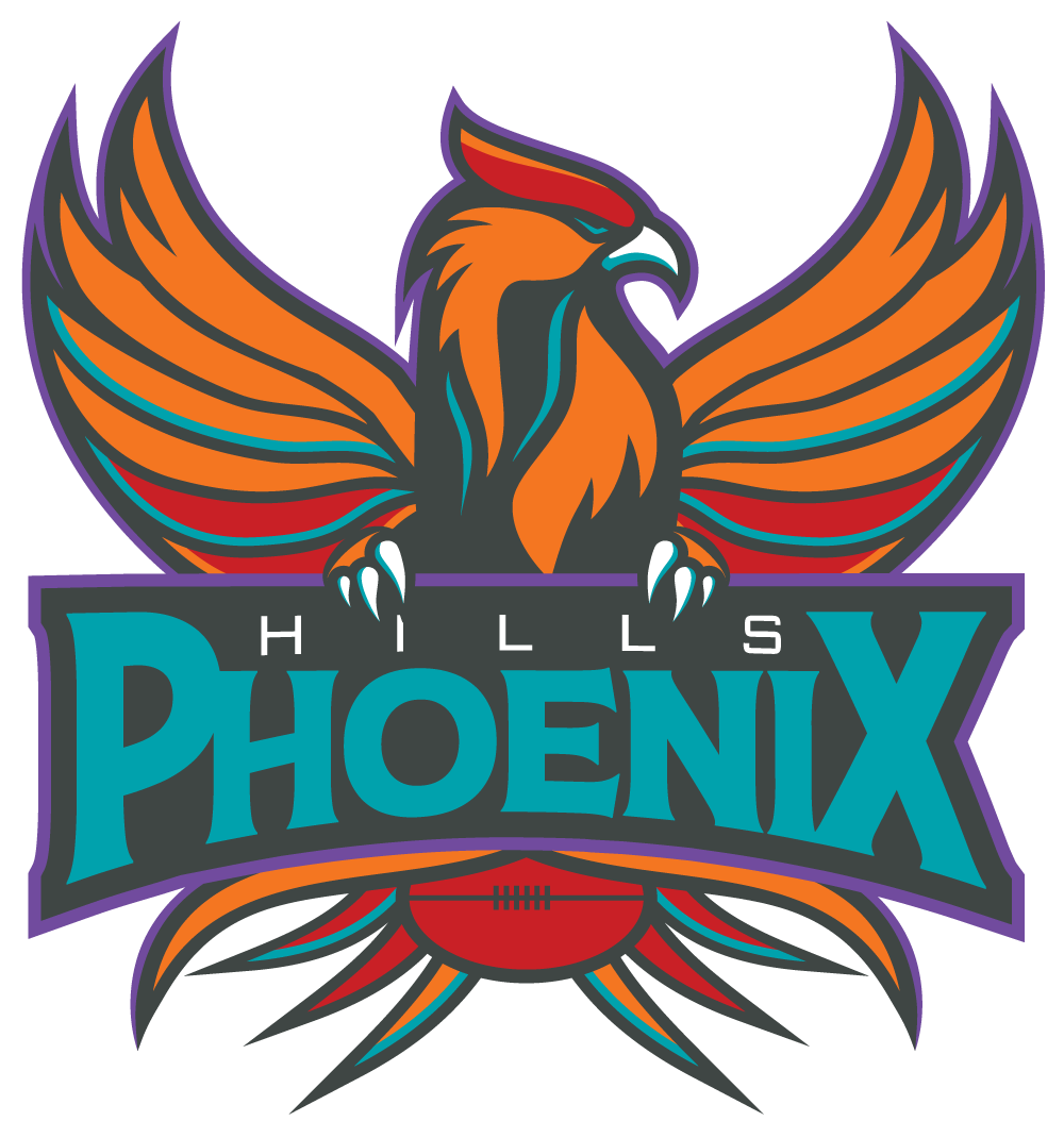 Hills Phoenix logo: Phoenix bird with outstretched orange wings, teal 