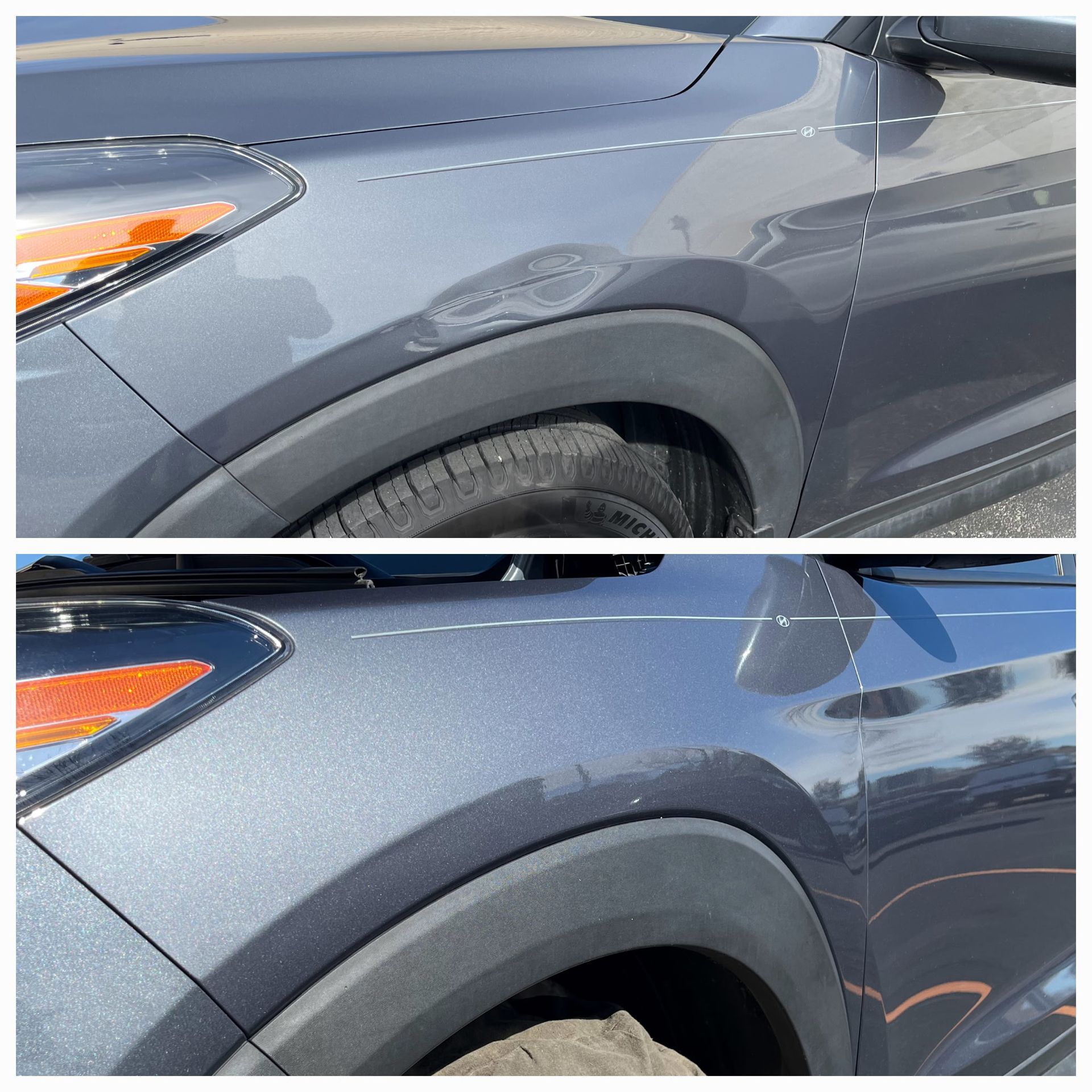 Before and after photos of a grey car fender showing the successful removal of a noticeable dent.