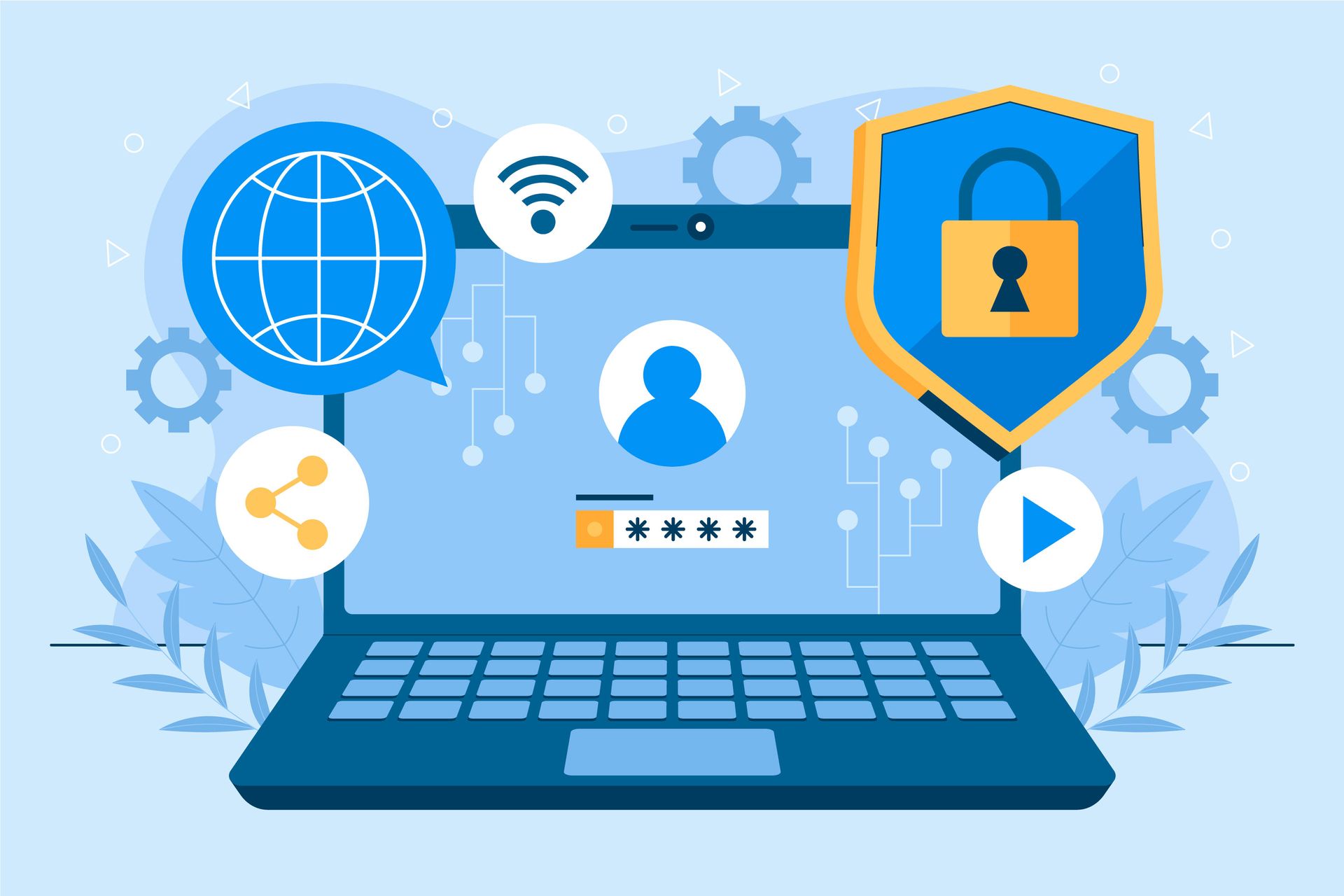 Laptop mit Sicherheitsschild, Internet-Symbolen und Benutzeranmeldung, der die Online-Sicherheit hervorhebt.