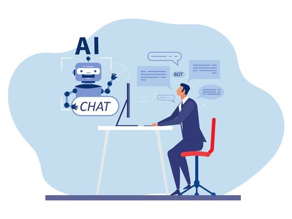 Eine Person, die an einem Schreibtisch sitzt, vor dem ein Bildschirm mit einer Chatbot-KI und Sprechblasen zu sehen ist, in einer blauen Büroumgebung.