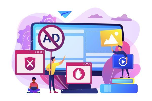 Illustration zum Thema „Digitales Ad-Blocking“ mit Laptop, Pop-up-Fenstern und Schutzschild-Symbolen in Blau und Lila.