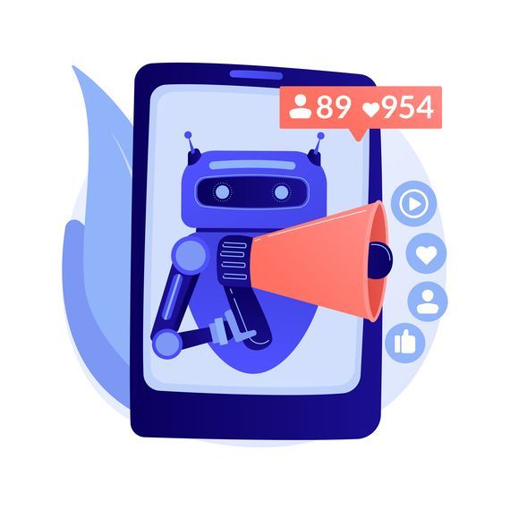 Ein blauer Roboter auf einem Smartphone, der ein Megafon hält, mit Symbolen für Social-Media-Reaktionen und der Anzahl der Benachrichtigungen.