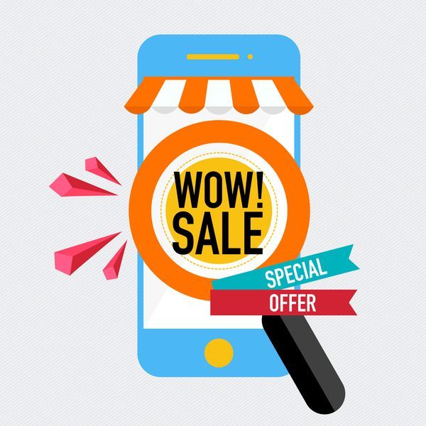 Grafik zum Smartphone-Ausverkauf mit Lupe und den Schriftzügen „WOW! SALE“ und „SPECIAL OFFER“.