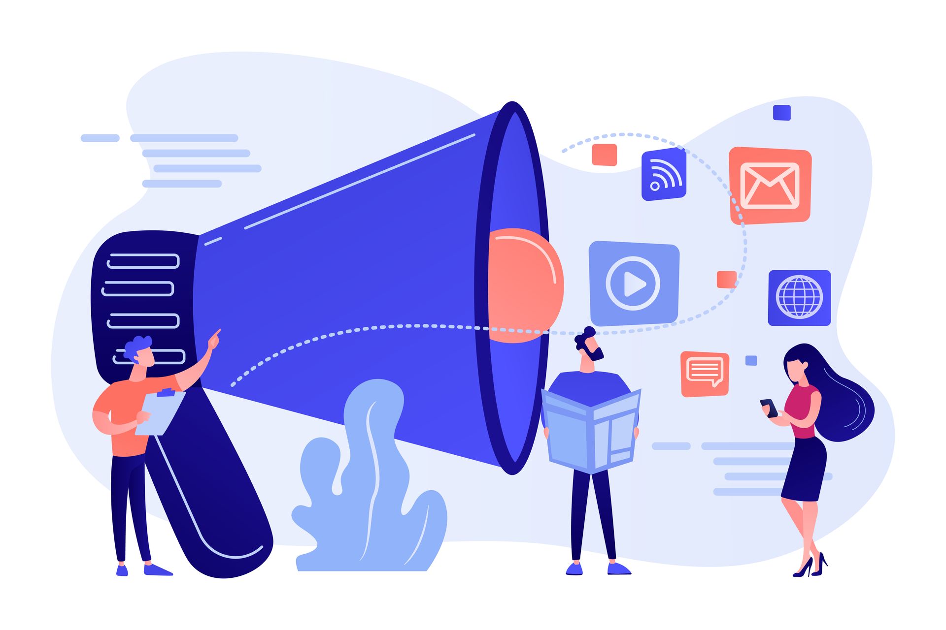 Illustration eines Megafons, das digitale Inhalte wie Video, E-Mail und Web-Symbole verbreitet, während Personen verschiedene Online-Kanäle nutzen.