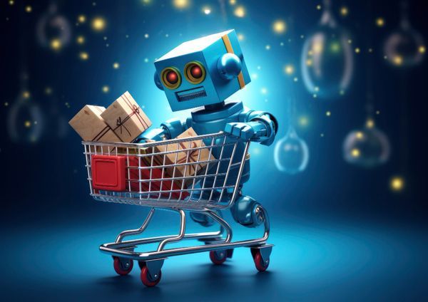 Blauer Roboter, der einen Einkaufswagen mit Paketen schiebt, leuchtender digitaler Hintergrund.
