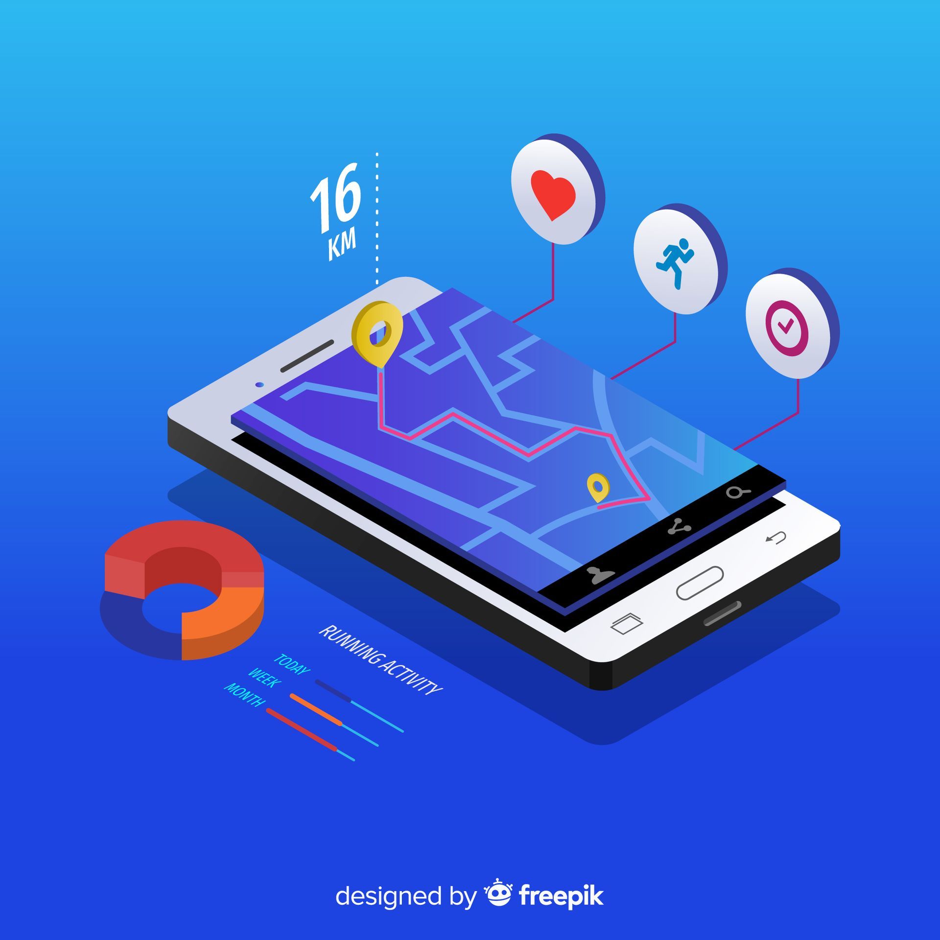 Isometrische Ansicht eines Smartphones, auf dem eine Karte mit einer Route angezeigt wird. Oben befinden sich Gesundheitssymbole, unten ein Diagramm und Statistiken.