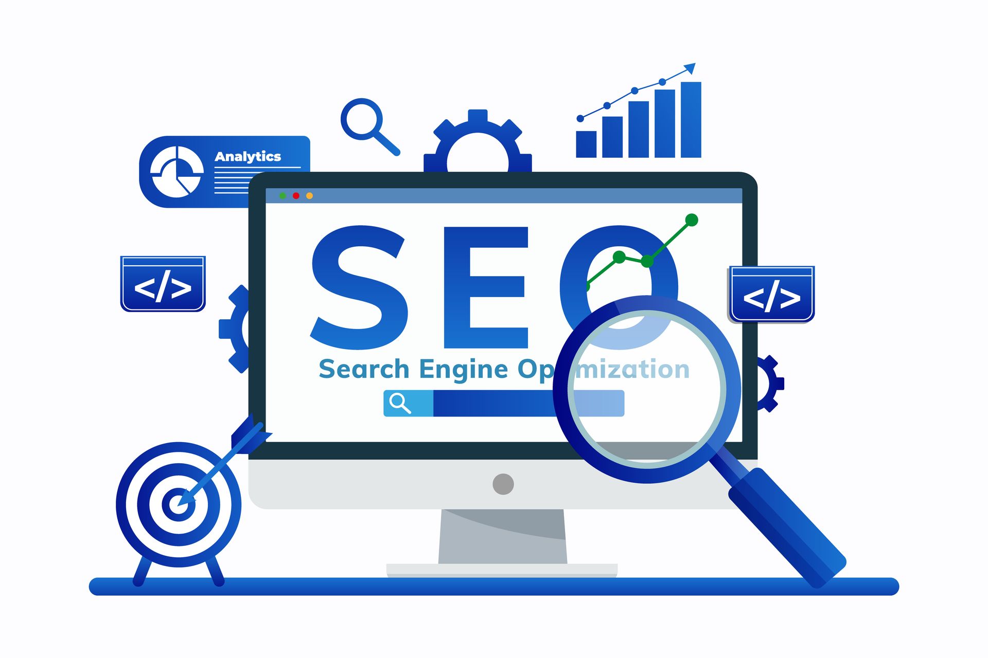 SEO-Konzept-Illustration auf einem Computerbildschirm mit Lupe, blauen Analytics-Icons und Zahnrädern