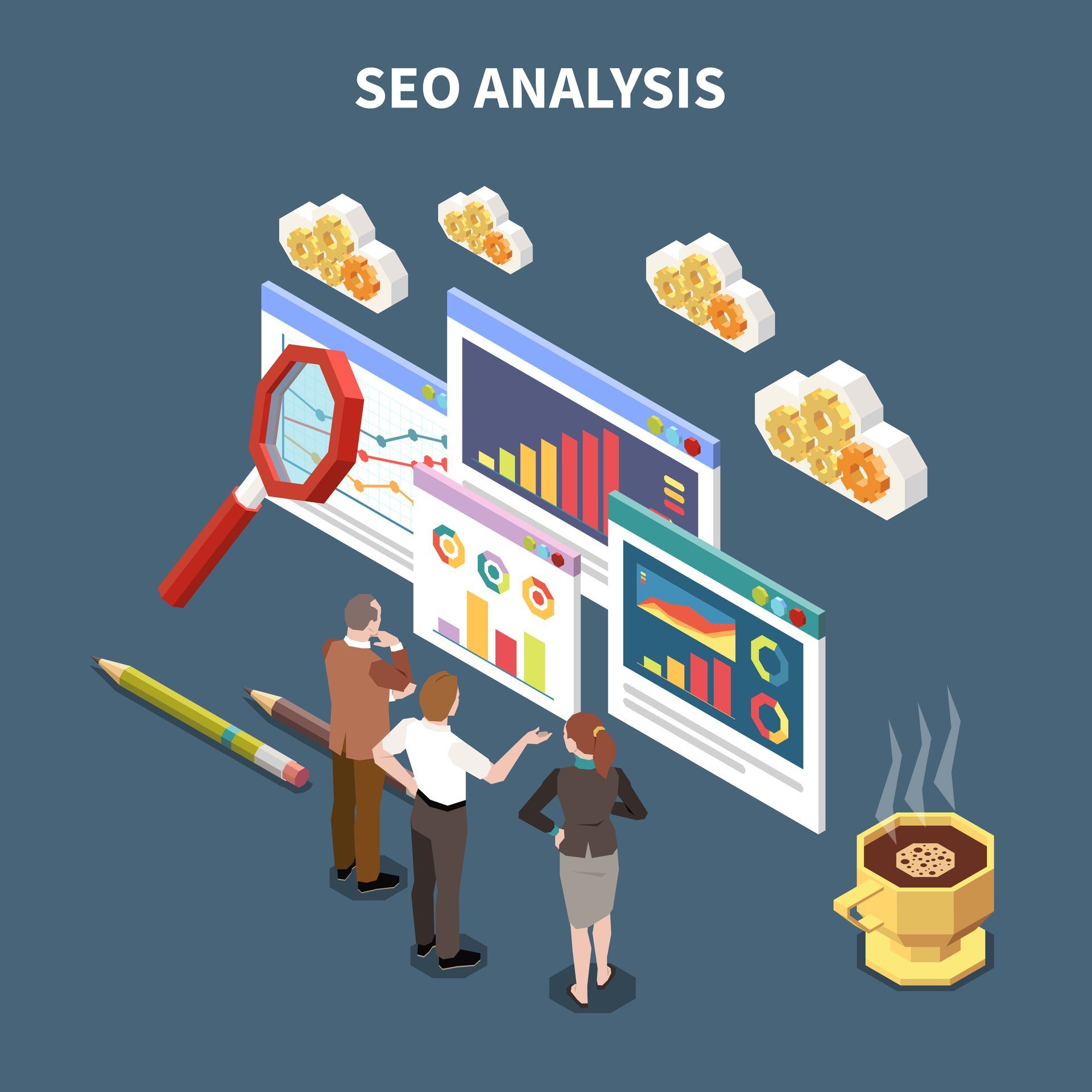 Isometrische Illustration von drei Personen, die Website-Analysen mit Diagrammen, Lupe und Kaffee auswerten.
