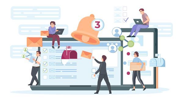Ein Team arbeitet gemeinsam an einem grossen Laptop-Bildschirm mit Benachrichtigungen und Symbolen, auf dem Online-Arbeit und Kommunikation zu sehen sind.
