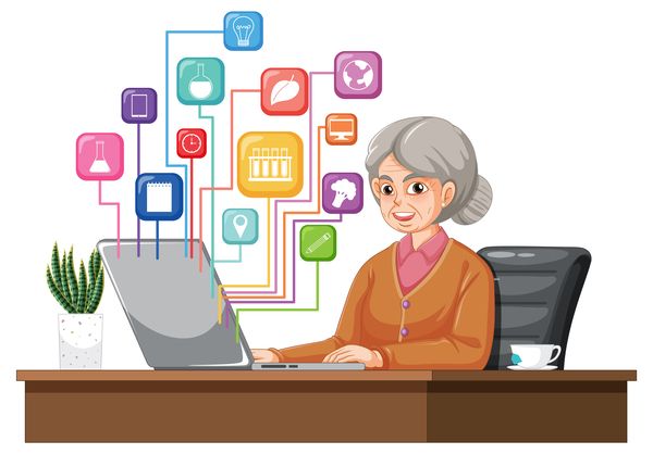 Eine ältere Dame, die an einem Schreibtisch mit einem Laptop tippt, umgeben von bunten App-Symbolen auf schwebenden Bildschirmen.