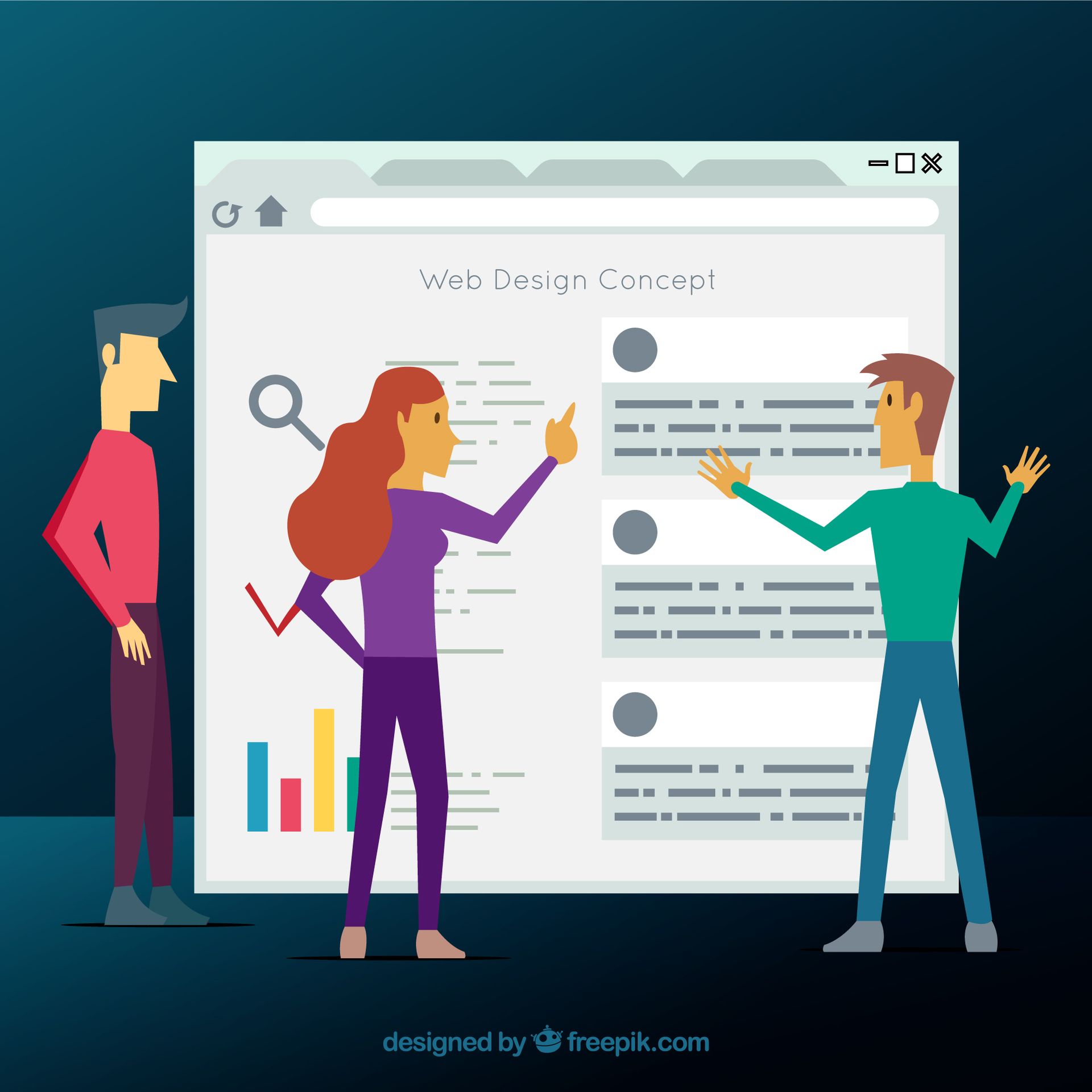 Eine Illustration von drei Personen die auf ein Web Design Konzept zeigen.
