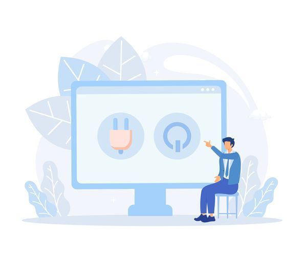 Illustration eines Mannes neben einem Monitor mit Stecker- und Strom-Symbolen in einer hellblauen Tech-Umgebung.