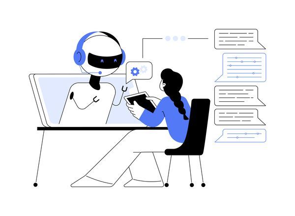 Ein Roboterassistent mit blauen Kopfhörern sitzt an einem Schreibtisch und hilft einer Person, die an einem Laptop arbeitet; auf dem Bildschirm sind Sprechblasen zu sehen.
