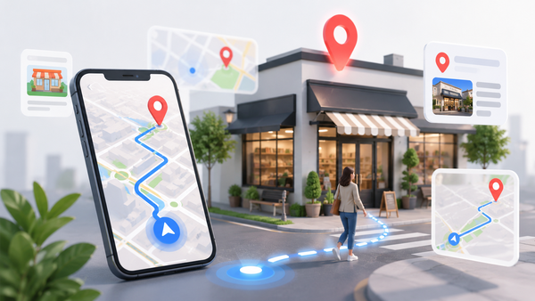 Eine Navigationskarte auf dem Smartphone, die eine Person mithilfe von Standortmarkierungen und Routenmarkierungen zu einem Geschäft führt.