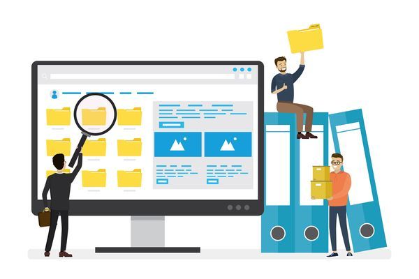 Illustration von Personen, die ein digitales Dashboard mit Ordnern, Diagrammen und Mappen organisieren.