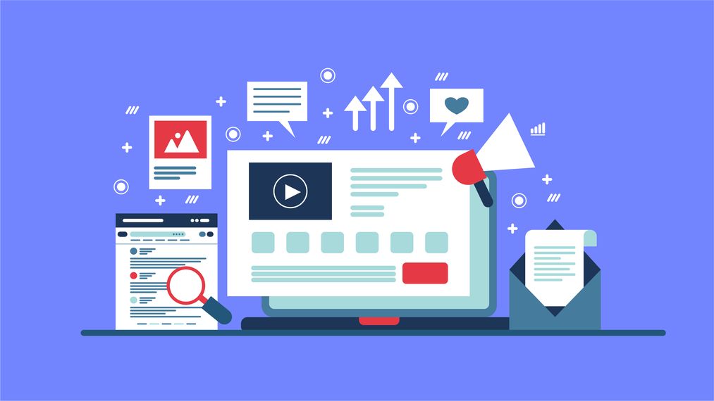 Abbildung eines Laptops, auf dem ein Website-Dashboard mit Symbolen, Diagrammen und einem Megafon auf blauem Hintergrund zu sehen ist