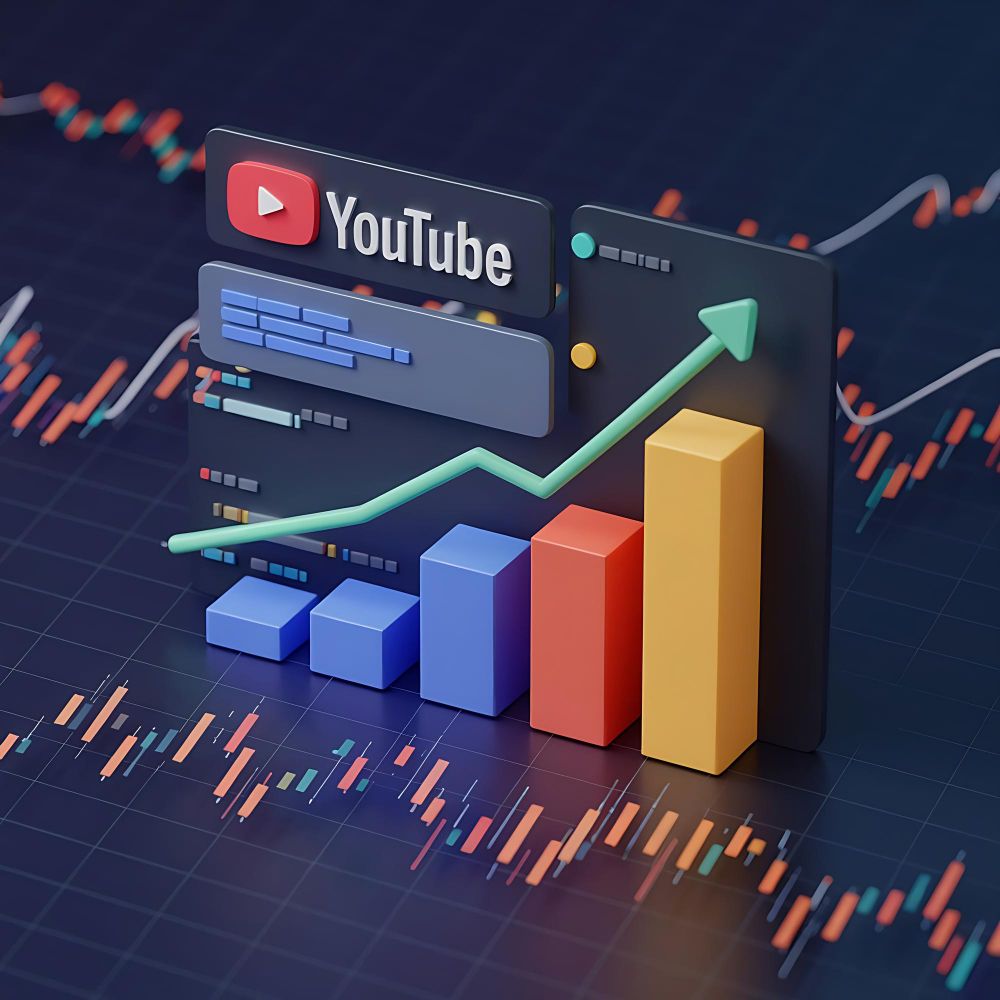 YouTube-Analytics-Dashboard mit ansteigendem Balkendiagramm und Aufwärtstrendpfeil auf dunklem Hintergrund