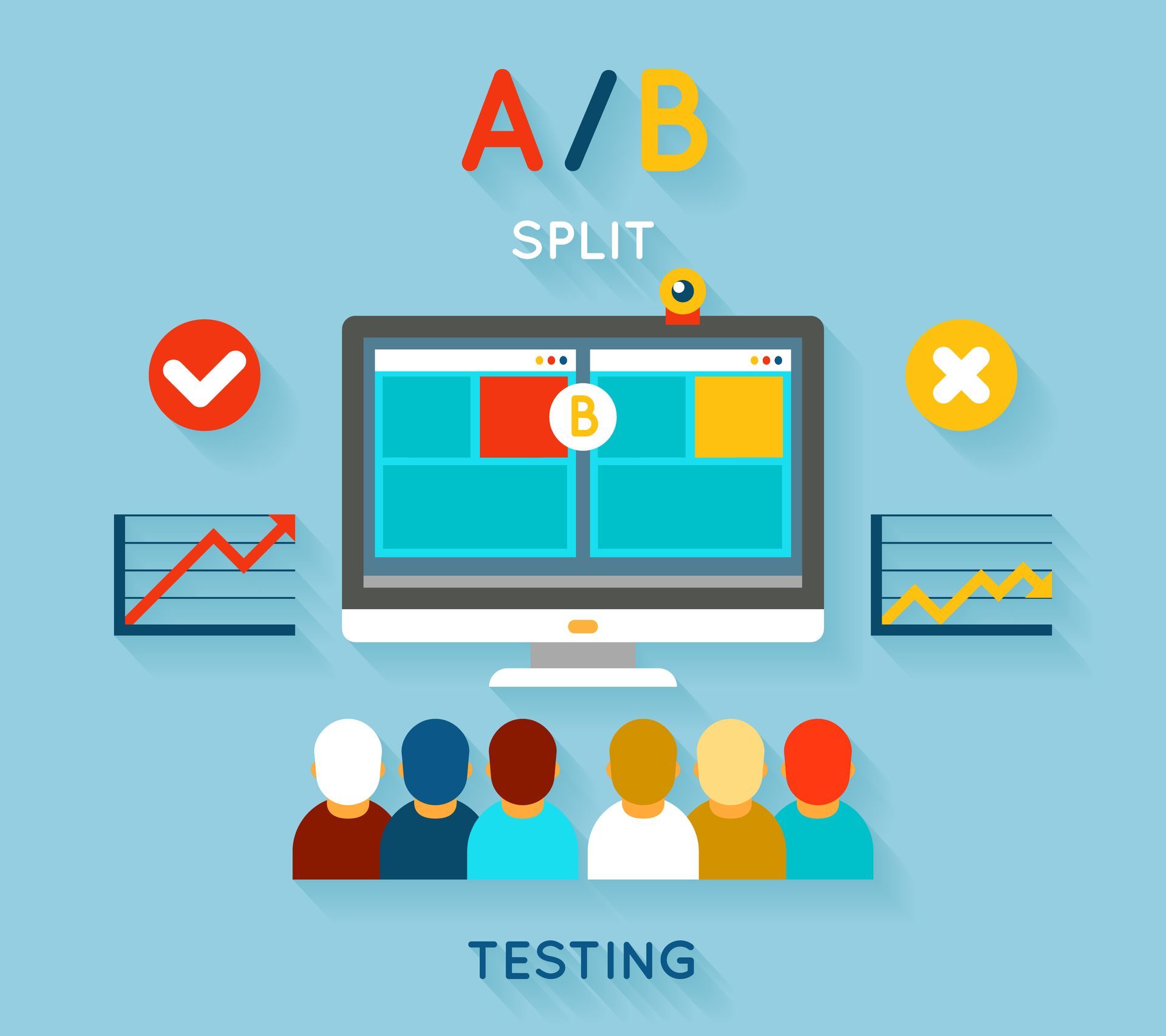 A/B-Split-Test-Grafik mit Computerbildschirm, Diagrammen, Häkchen, „X“ und Personen.