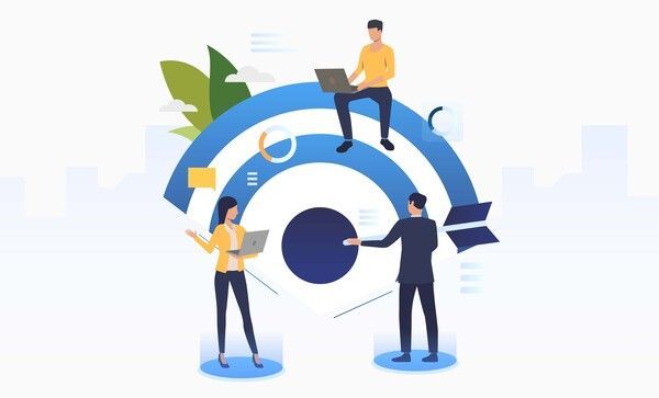 Menschen, die gemeinsam an einem blauen, kreisförmigen Diagramm arbeiten, mit Laptops und Unterlagen in einer sauberen Illustration im Büro-Stil.