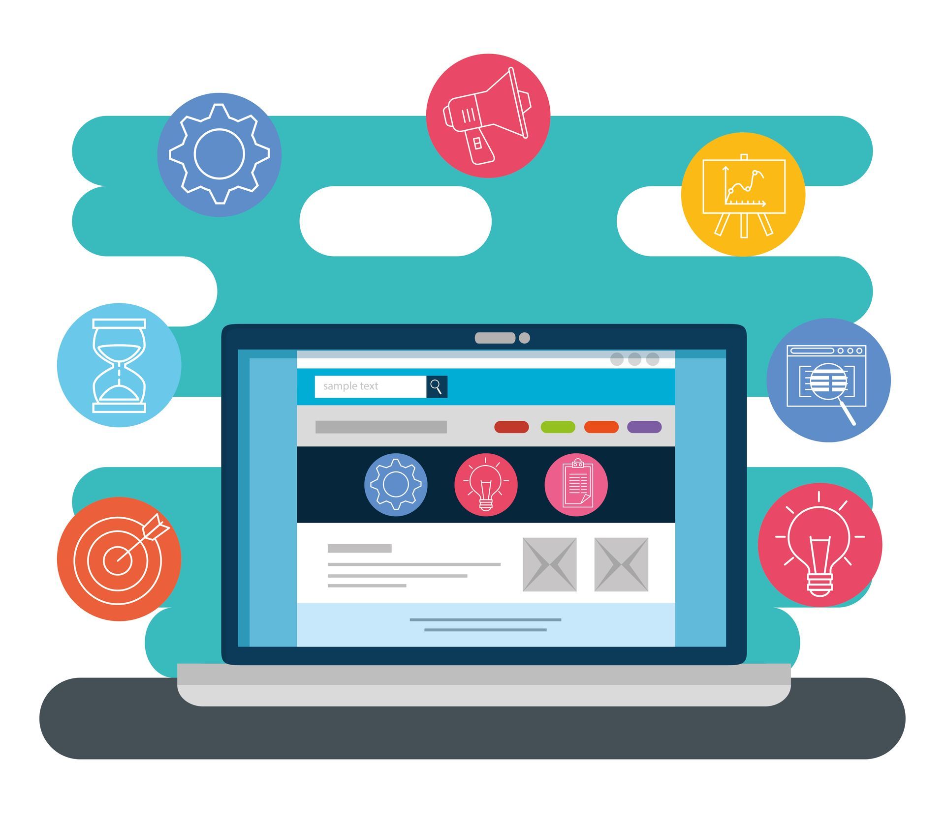 Laptop, auf dem eine Website angezeigt wird, umgeben von Marketing- und Design-Symbolen auf einem blaugrünen Hintergrund.