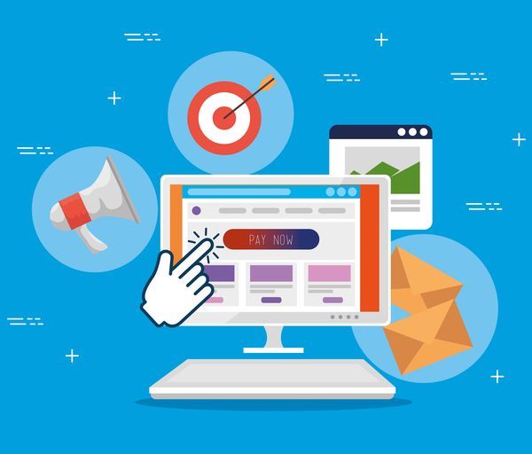 Illustration zum Thema digitales Marketing mit Zielscheibe, Website-Bildschirm, Megafon, E-Mail und Cursor auf blauem Hintergrund.