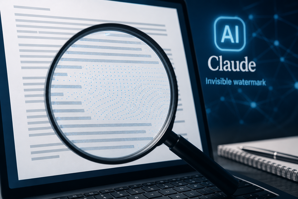 Eine Lupe über einem Dokument mit dem Text „AI Claude invisible watermark“ auf einem dunklen Bildschirm.