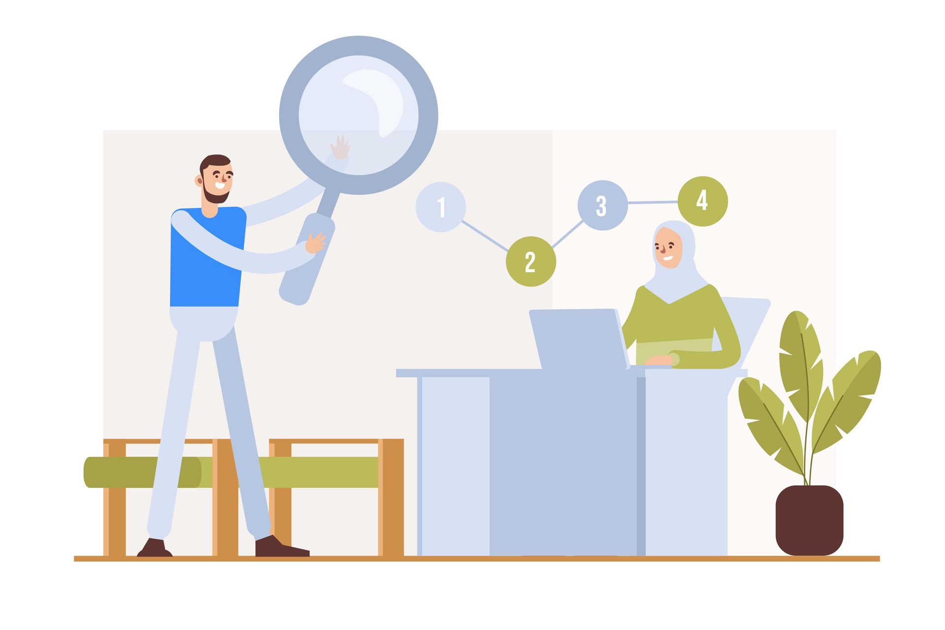 Illustration eines Marketingprozesses: Eine Person analysiert Daten mit einer Lupe, während eine andere am Laptop arbeitet und Schritte eines Arbeitsablaufs visualisiert werden.
