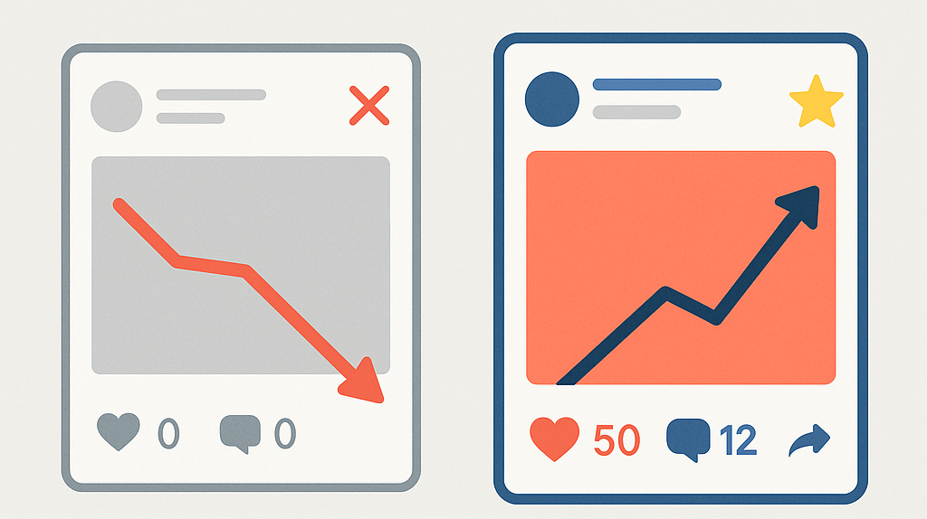 Vergleich von toter und erfolgreicher Werbeanzeige mit fallender und steigender Kurve – Symbol für Creative Fatigue.