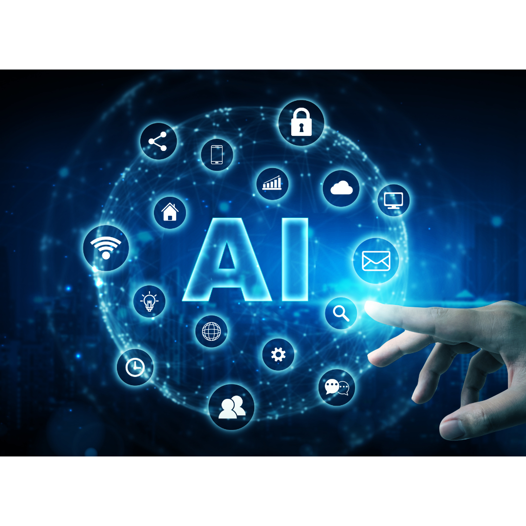 Eine Hand berührt ein digitales Netz mit dem Wort AI in der Mitte und unterschiedlichen Icons