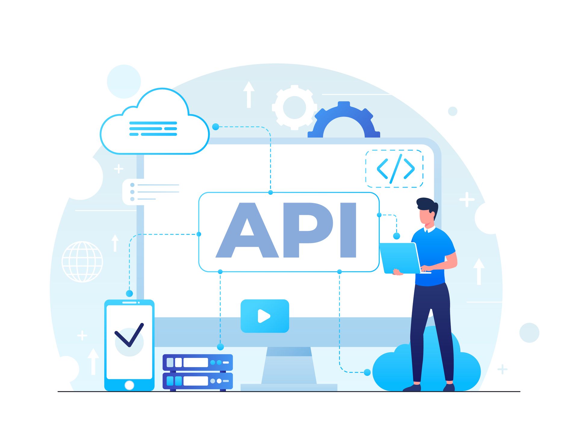 Eine digitale Illustration zeigt eine Person, die an einem Laptop vor einem grossen Monitor mit der Aufschrift „API“ und blauen Akzenten arbeitet.