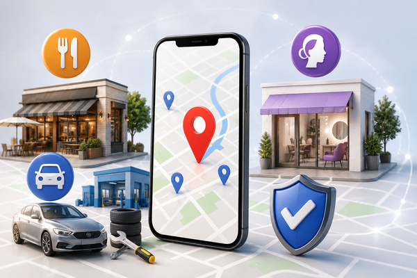 Mobile App für lokale Dienstleistungen und Navigation mit Markierungen auf der Karte sowie Symbolen für Autos, Restaurants und Schilde.