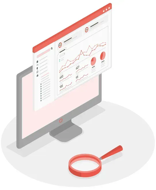 Computer mit Analytic Software und einer Lupe